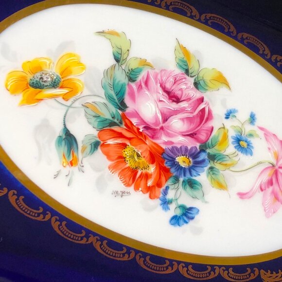 Vntg COULEUVRE French Cobalt Blue Porcelain Hand Painted Gilded Floral Tray - Picture 2 of 4
